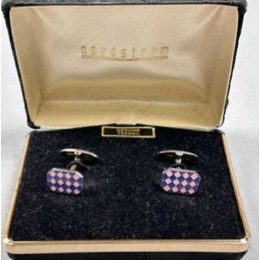 Nordstrom Genuine Vermeil Cufflinks Checkered Pink Blue Enamel Rectangle OS EX+